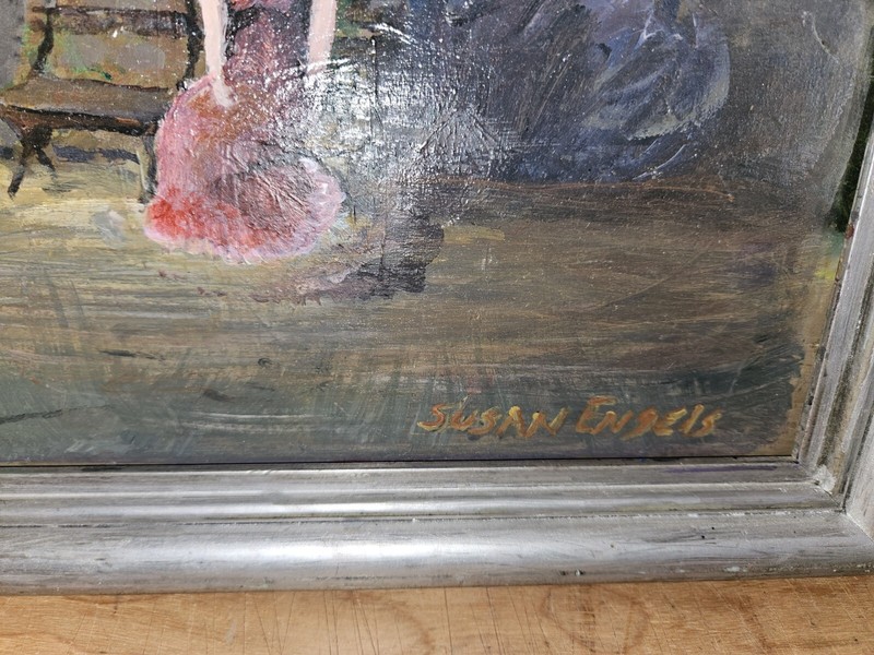 Vintage Oil Painting Susan Engles Signed 23"×11" Woman In The Garden gallery