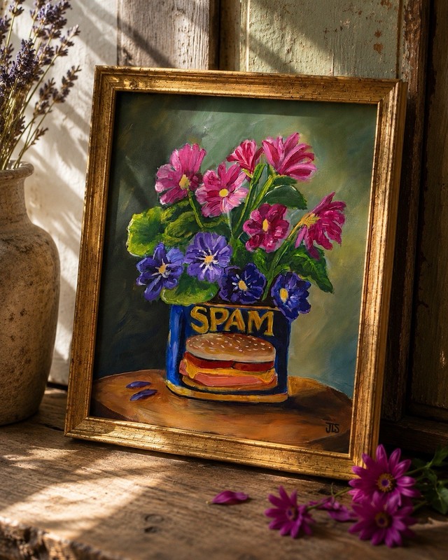 SPAM Can Flowers Floral Still Life Painting Colorful Art 11x14 Framed gallery