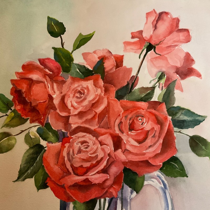RED ROSE floral flower original watercolor PAINTING by Webber bouquet in glass gallery