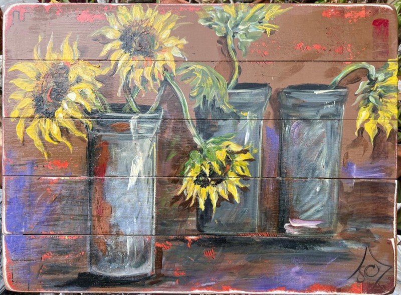 Artist Signed JO Floral Still Life Landscape Oil Painting Sunflowers Flowers Art
