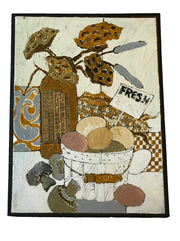 VINTAGE kitchen still life original mixed media PAINTING by Carson gray gold