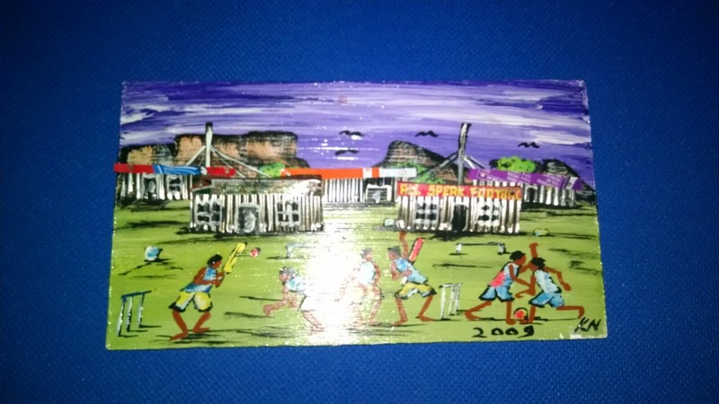 SIGNED 2009 FOLK ART 3D OIL PAINTING CROQUET PLAYERS SIGNED KN 9 X 5 INCHES