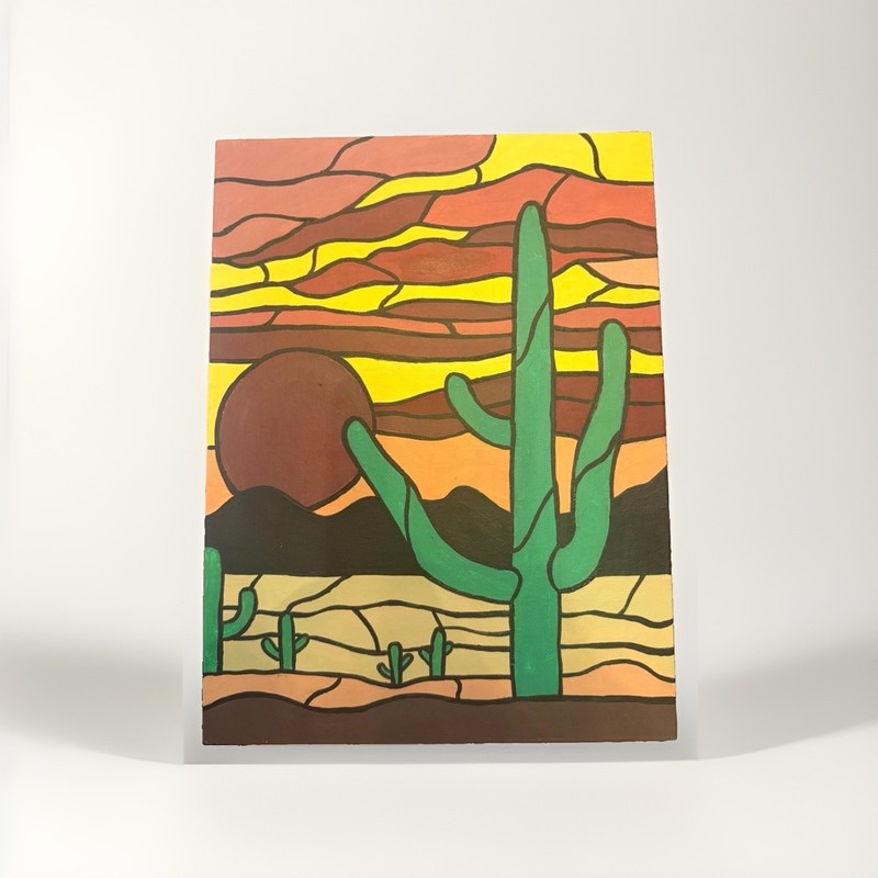 Stained Glass Style Desert Landscape Painting – Acrylic on Canvas Original Piece