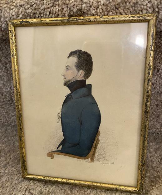 Fine Primitive Watercolor March 1832 (1852?) Handsome Gent In Profile Framed