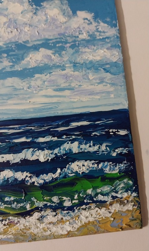Framed Mini Seascape Cloudy Sky Sea Shore Art 4x6" Impasto Original Oil Painting gallery
