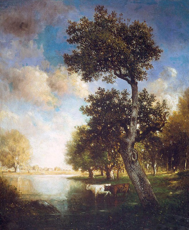 Oil painting Gilbert Munger – Untitled Barbizon Landscape & cows river