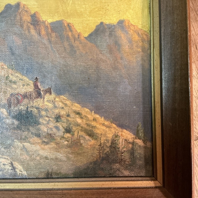 Antique Cowboy Western Mountain Scene Original Oil On Canvas Board Painting gallery