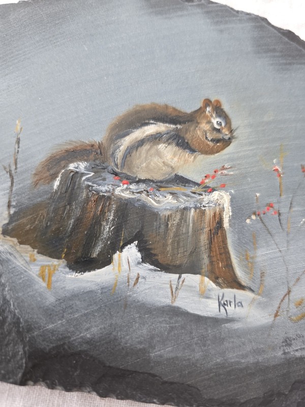 Chipmunk Vtg Signed Painting Hand Painted Art Slate Stone Slab Cottage Snow gallery