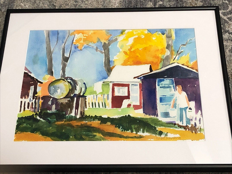 Orig Watercolor Painting Signed Mat Frame Landscape Backyard Outbuilding House