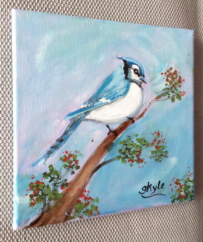 Blue jay Bird Perched on a Branch Original Oil Painting Mixed Media 8x8 Canvas gallery