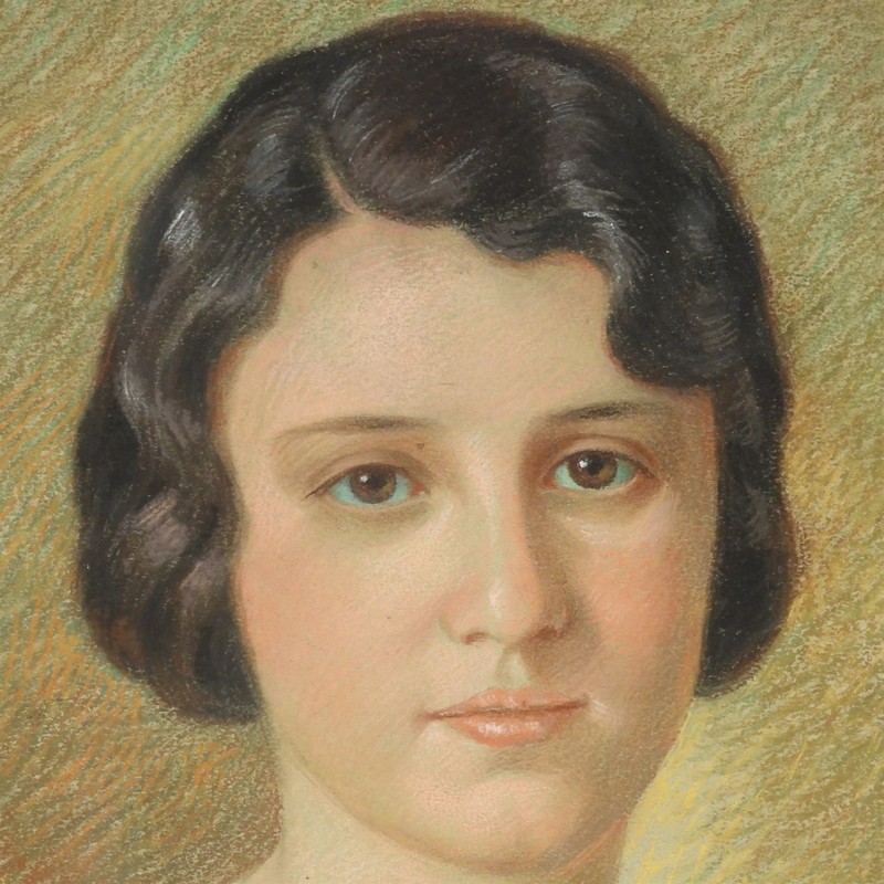 1923 Art Deco Lovely Lady Portrait Pastel Painting - Illegibly Signed