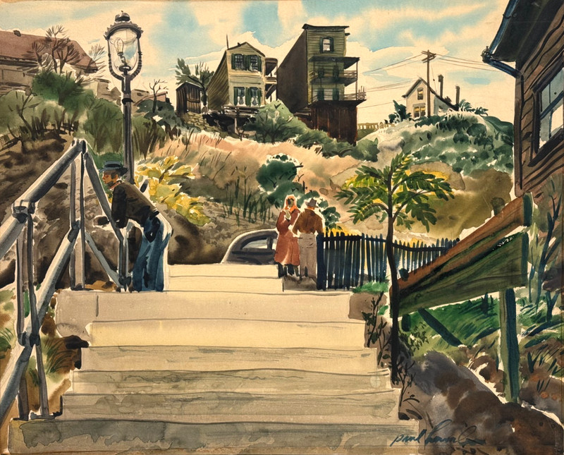 PAUL HARRISON SIGNED ORIGINAL WATERCOLOR PAINTING STEPS UP CINCINATI 20TH C. ART