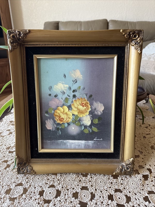 Vintage Robert Cox Style Yellow Floral Still Life In Gold Ornate Velvet 14” X 12