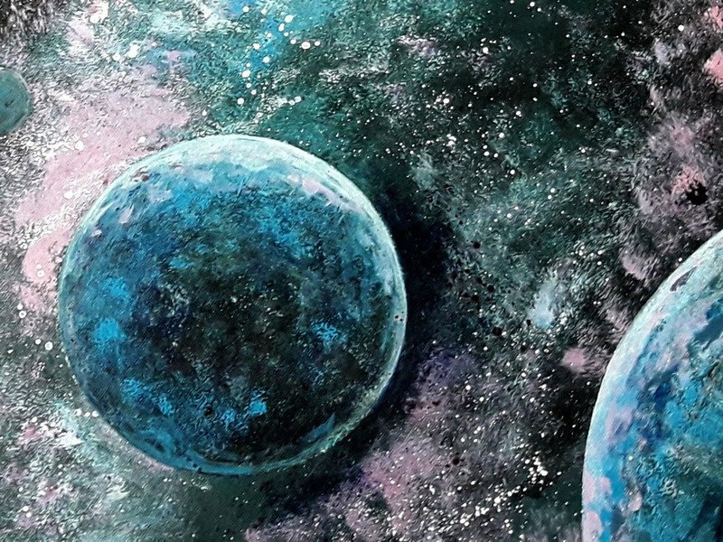 Original painting Space planets galaxy cosmic Blue round canvas 18 inch acrylic gallery