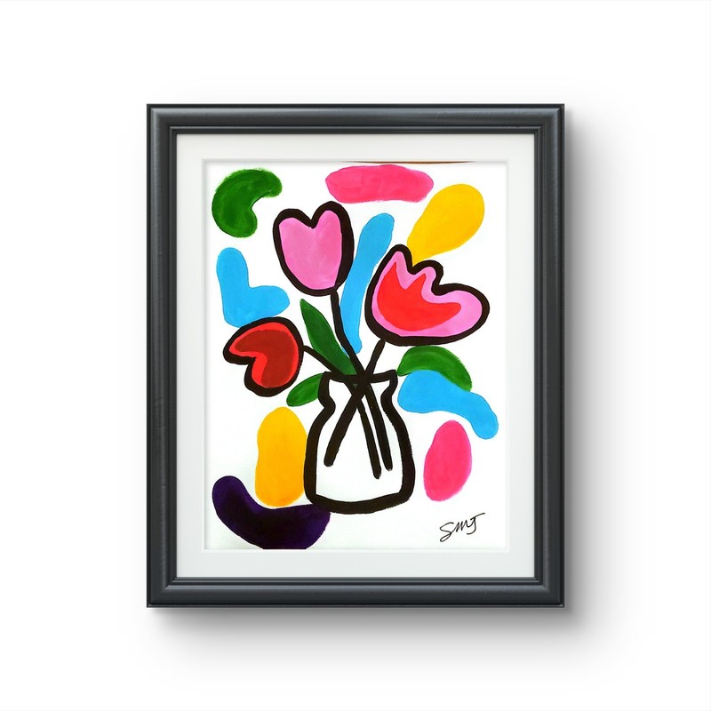 JULIEN Original 11X14 FLOWERS VASE Colorful Modern Art Acrylic Painting on PAPER