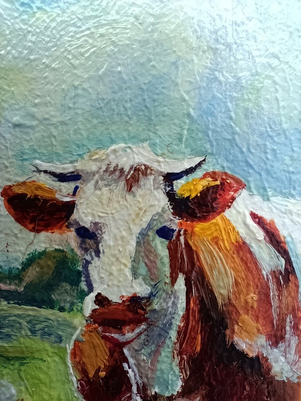 Original Cow Art Signed 4x6 Silver Inset Frame Farmhouse Pastoral Landscape gallery