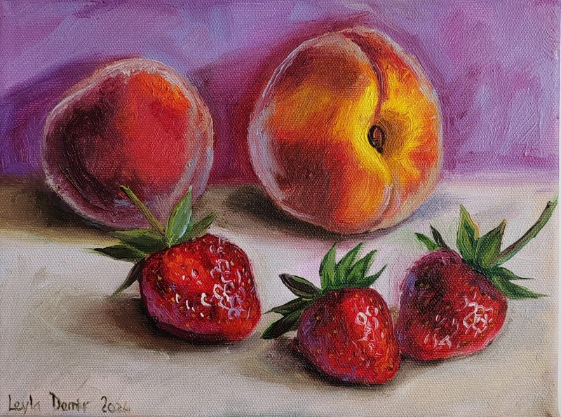 Peaches and strawberry on table with white tablecloth still life 7x9