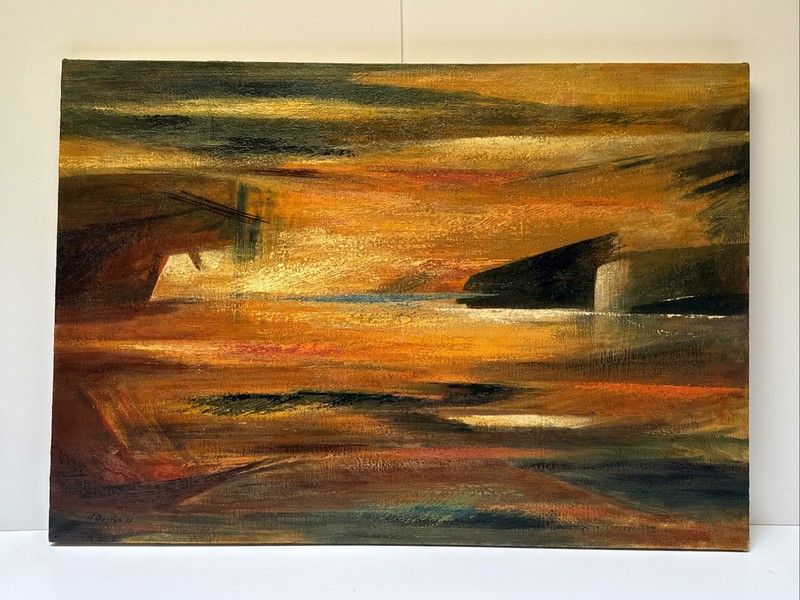 Mid Century Painting Abstract Large Coastal Sunset Hilda Pertha Expressionist