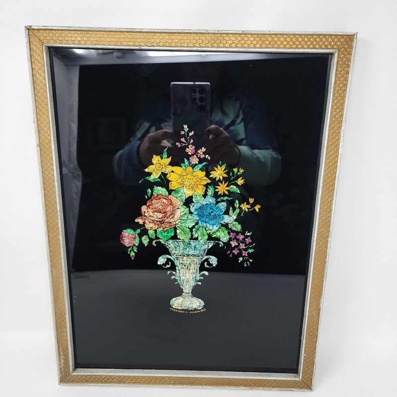 Reverse Glass Foil Floral Bouquet Vase Painting Signed Virginia A. Allen 61 VTG