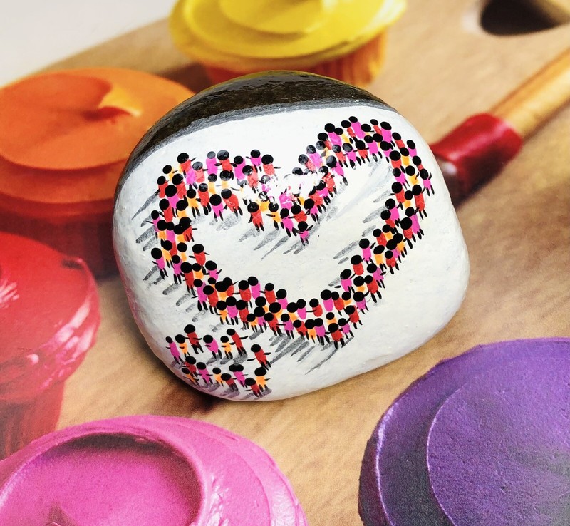 Hand Painted Rock With Acrylic Paint/Seal With Art Resin/People Shaping A Heart