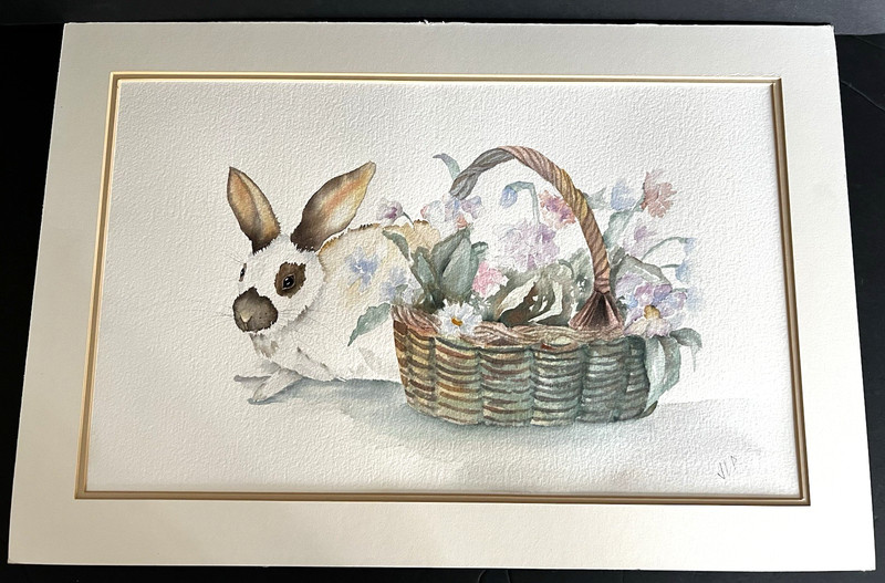 Original Art Watercolor Painting Bunny with Basket of Flowers Signed 24 x 16