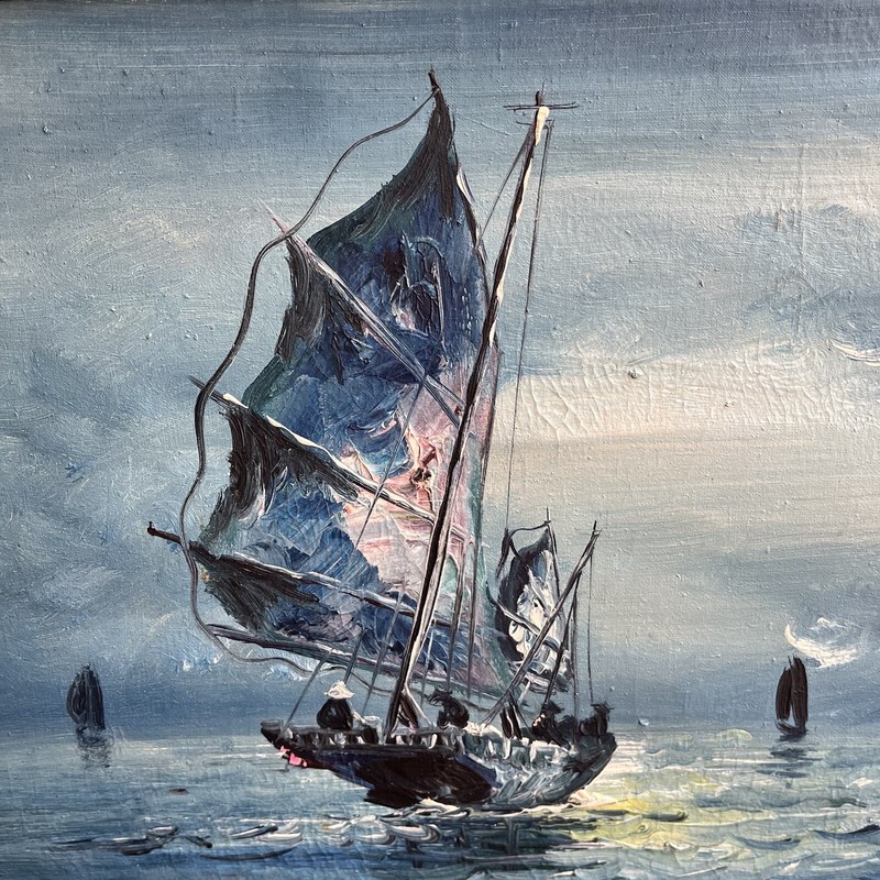 ORIGINAL OIL PAINTING By A Chinese Artist, Chinese Junk Boat, Vintage, gallery