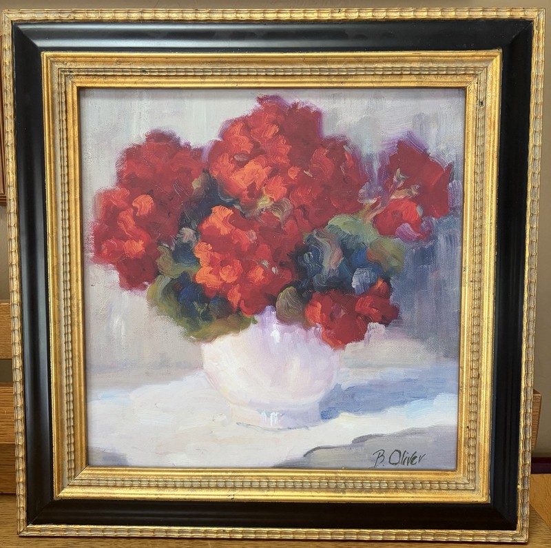 VTG Original Oil Painting “Red Geraniums” By Bunny Oliver Signed Framed 16”x16”
