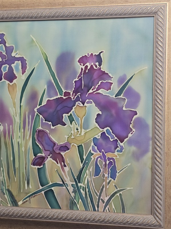 Signed Original Ink on Silk Painting- Irises on Silk by Anne Gordon- Framed gallery