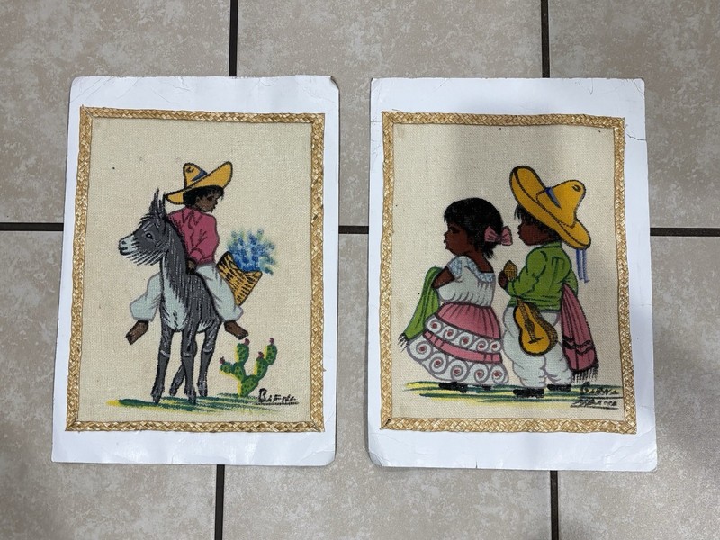 Vintage Original Mexico Paintings on Burlap Folk Art Signed