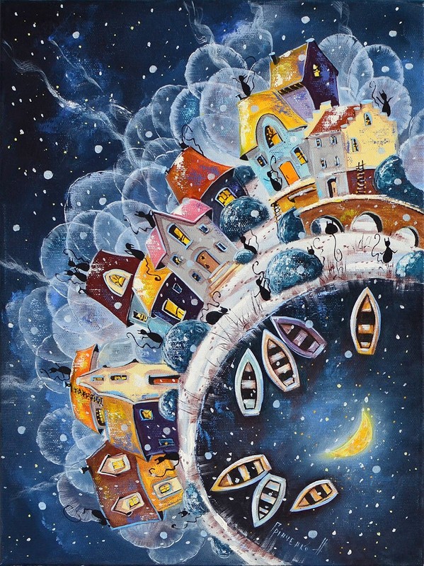 Oil on canvas Winter Night Snow Cats Fantasy Art Wall decor Happy Art Grinchenko