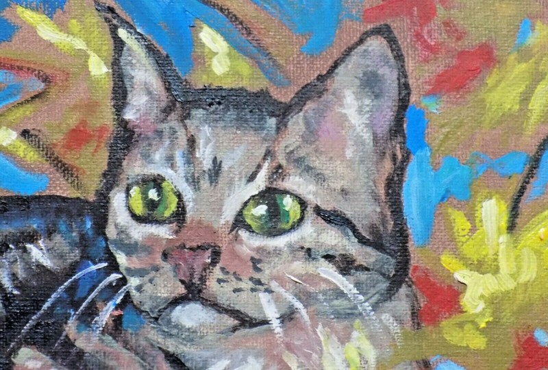 original oil painting wall art Kitty cat feline in a fall landscape small gallery