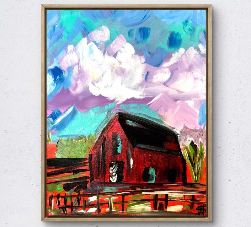 Stormy red barn impressionism modern wall art painting 14X11 canvas original