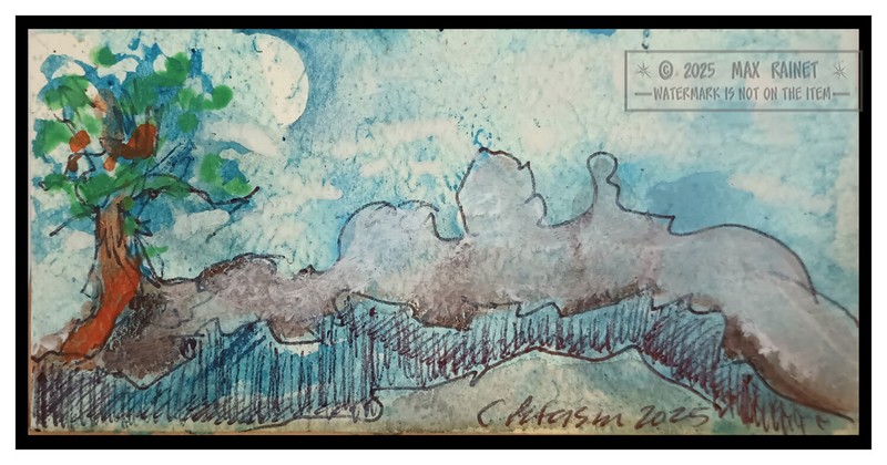 Mystery of Fog Peaking Moon 2025 C Peterson * Miniature orig WATERCOLOR Painting