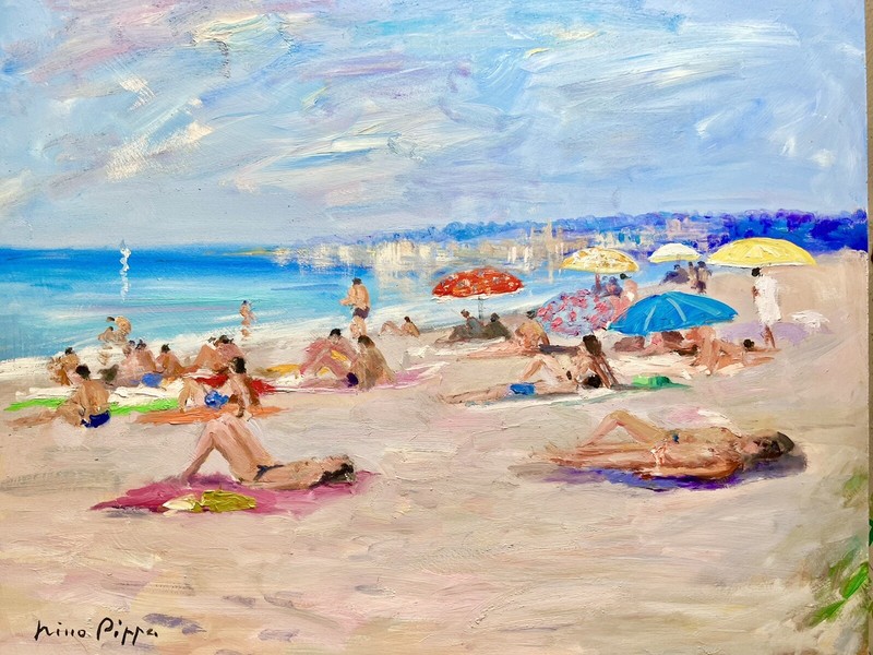 Nino Pippa Listed 14″X18” Original Oil Painting Saint Tropez Beach Scene COA