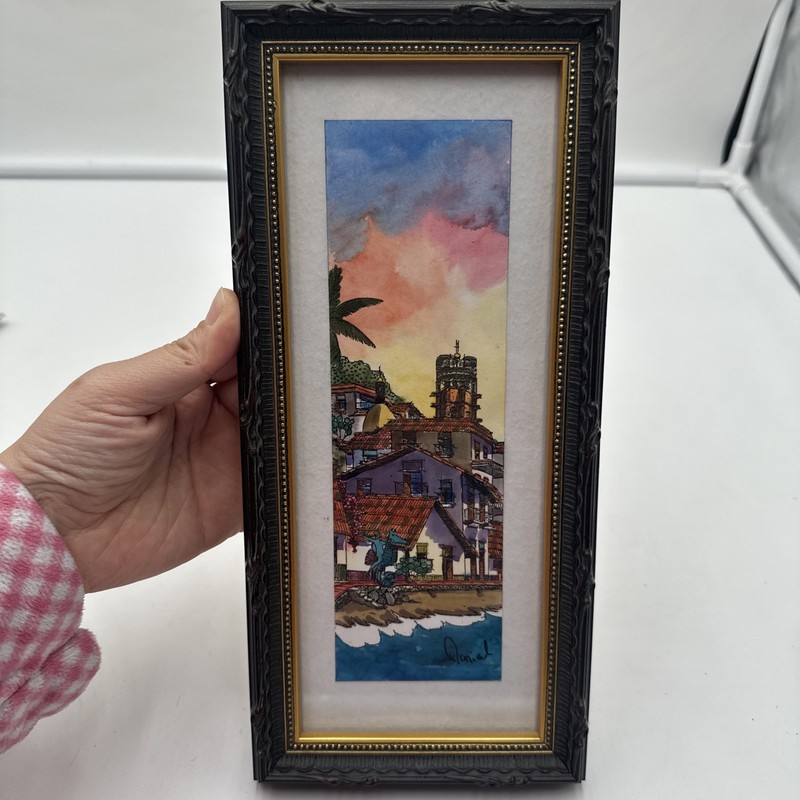 Watercolor Painting Nautical Signed Danial Red Roof Ocean Beach Seahorse Framed