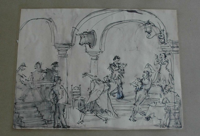 Vintage Gouache & Ink Painting of "Flamenco At The Patio Andaluz" by Lee Jackson gallery