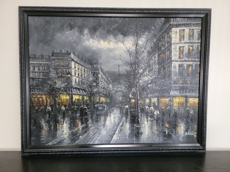 R Frank Framed Painting of Paris Street at night, oil on canvas.  41″ x 53″ 