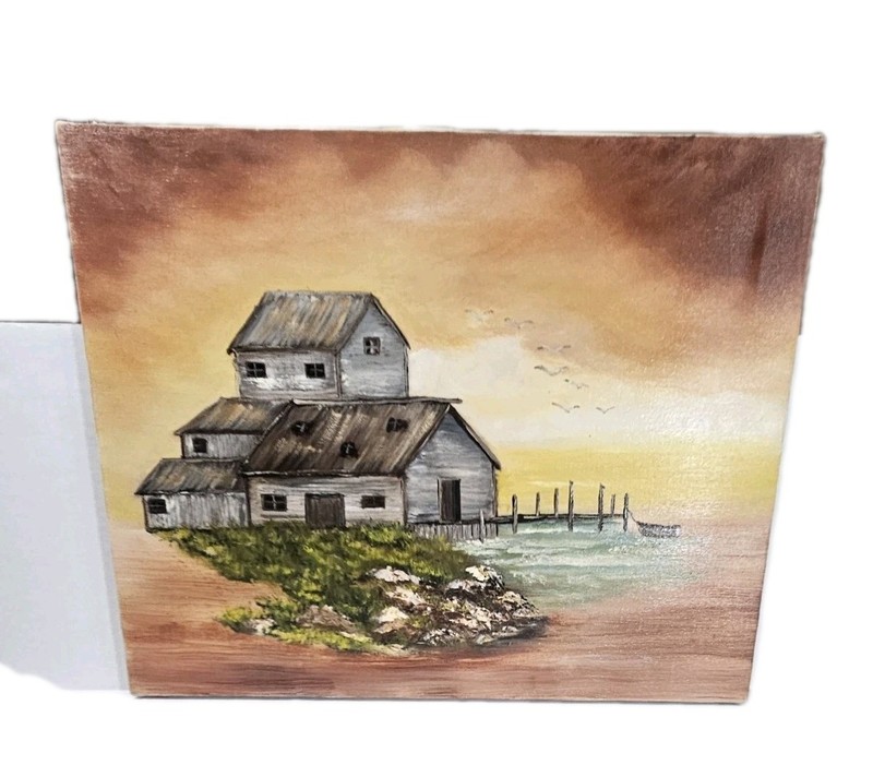 Vintage Rustic Seaside Fishing Boathouse Painting 18×14 Primitive Sunset Costal