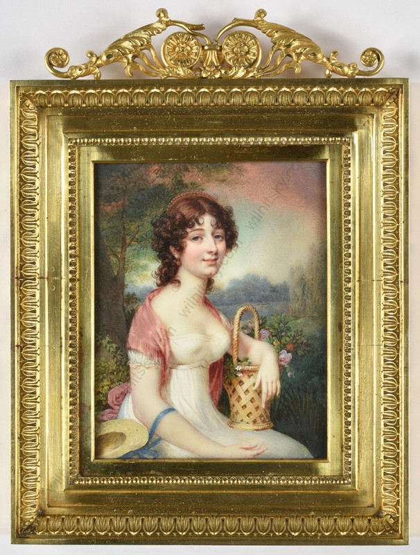 François Huët-Villiers «Lady with flower basket», outstanding large miniature