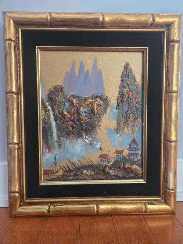 Asian Heavy Oil on Canvas Mountain and River Scene with Bamboo-Style Frame