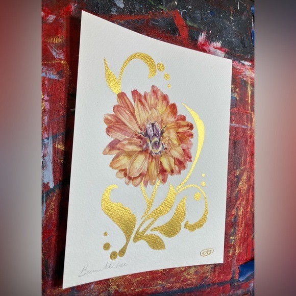 Bumblebee Original Watercolor Painting bee Dahlia Flower Art Gold accent floral gallery