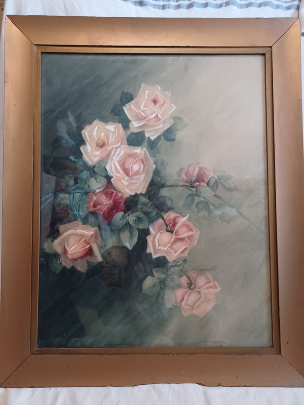 PRETTY ANTIQUE VICTORIAN PINK RED ROSES FLORAL WATERCOLOR LARGE PAINTING gallery