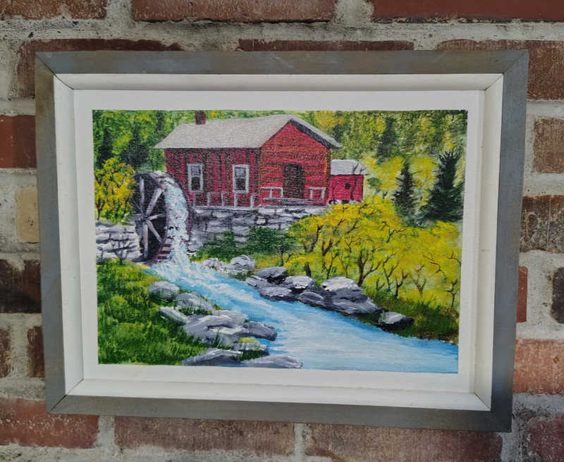 Vintage American Rural Landscape Grist Mill House Painting Rustic Framed