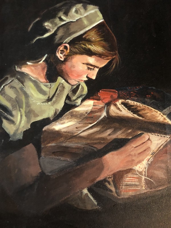 Helen Winter Signed Framed Oil Painting Woman Sewing at Window Light ~14" X 18" gallery