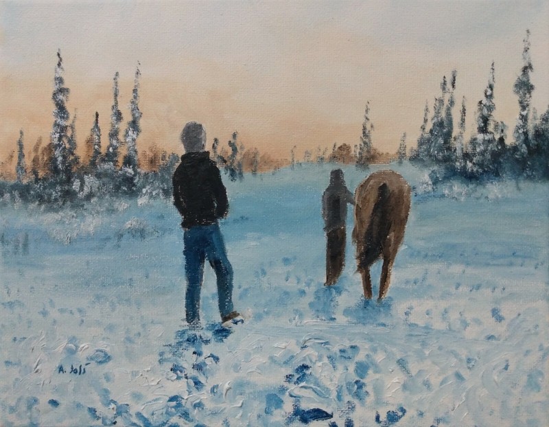 Oil Painting People and Horse Snow Sunset Winter Landscape Animal Art A. Joli
