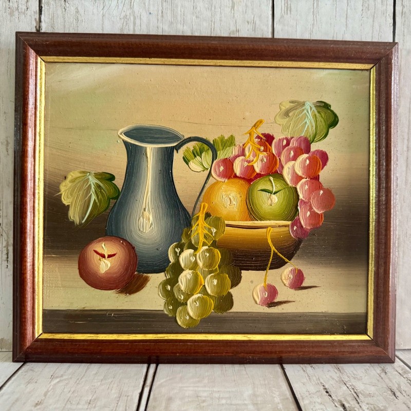 Vintage Still Life Fruit Oil Painting Impasto Textured Blue Pitcher Framed Art