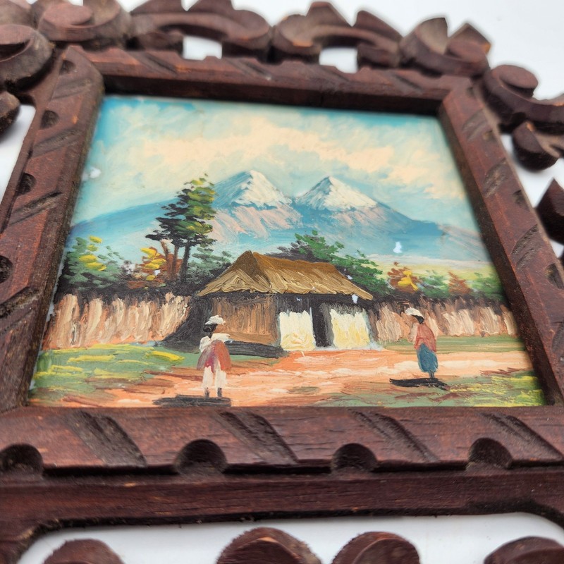 ECUADORIAN FOLK ART OIL on PLASTIC VINTAGE PAIR LANDSCAPE Handmade Frames 8" Sq gallery