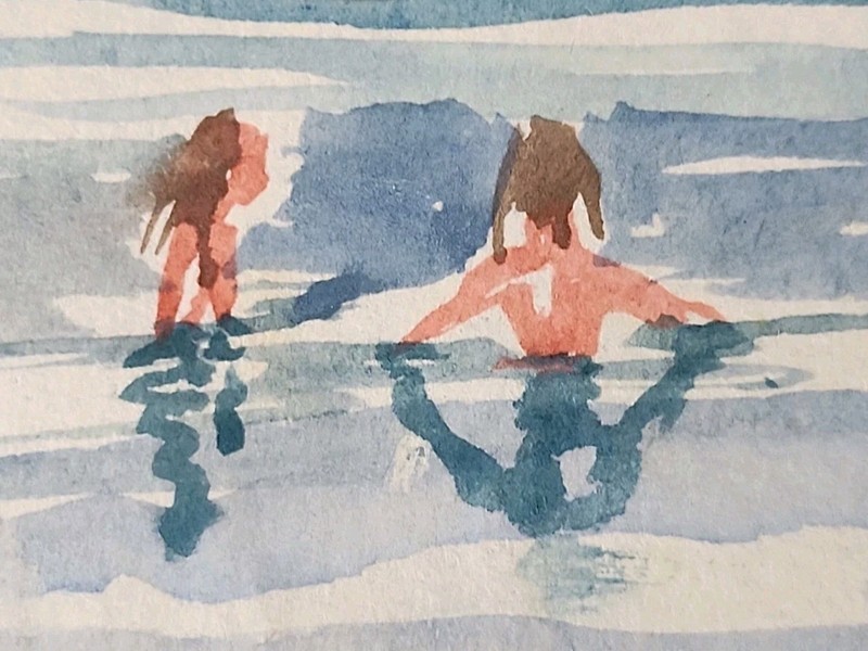 CRAMOLINI ACEO Kids Playing In The Surf ORIG Painting 2-1/2″ X 3-1/2″ Watercolor