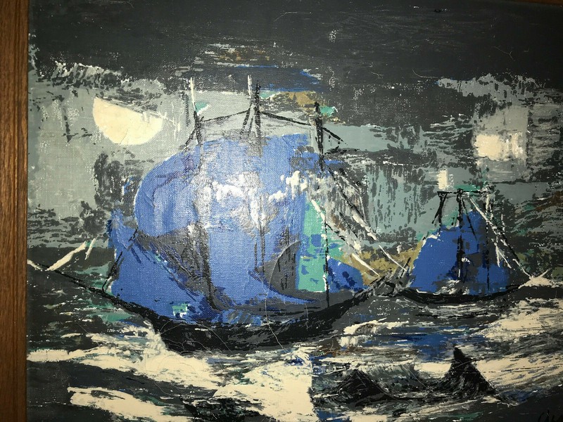 VINTAGE 50s abstract original hand painted oil PAINTING by Cisa seascape ships gallery