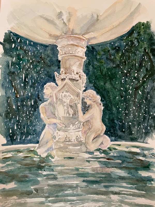 «Retiro» ORIGINAL watercolor Spain Europe park fountain sculpture Madrid travel